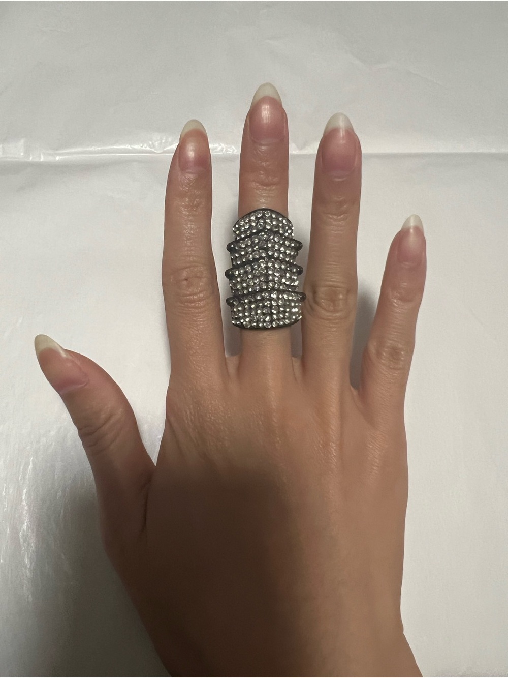 Rhinestone Statement Cocktail Shield Ring - Silver Tone